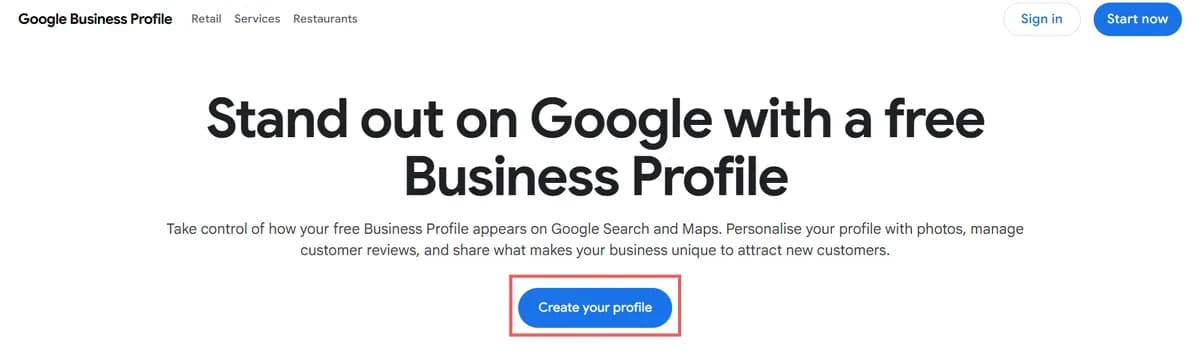 Početna stranica Google Business Profile sa označenim dugmetom Create your profile, prvi korak otvaranja Google profila firme