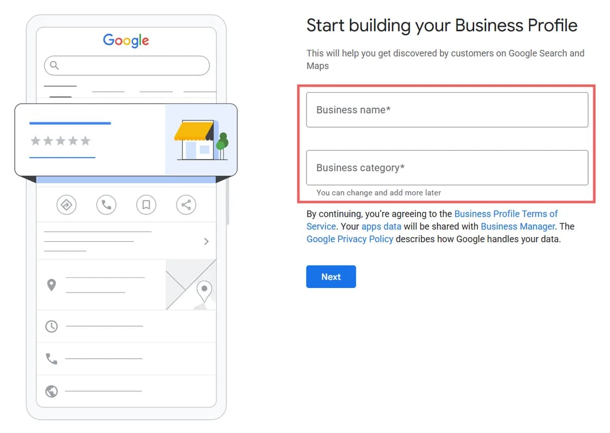 Obrazac Start building your Business Profile sa poljima za naziv firme i kategoriju djelatnosti