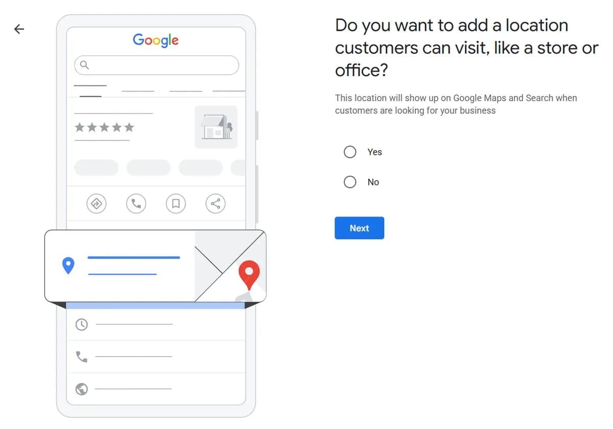 Pitanje Do you want to add a location customers can visit sa izborom Yes ili No pri otvaranju Google profila firme