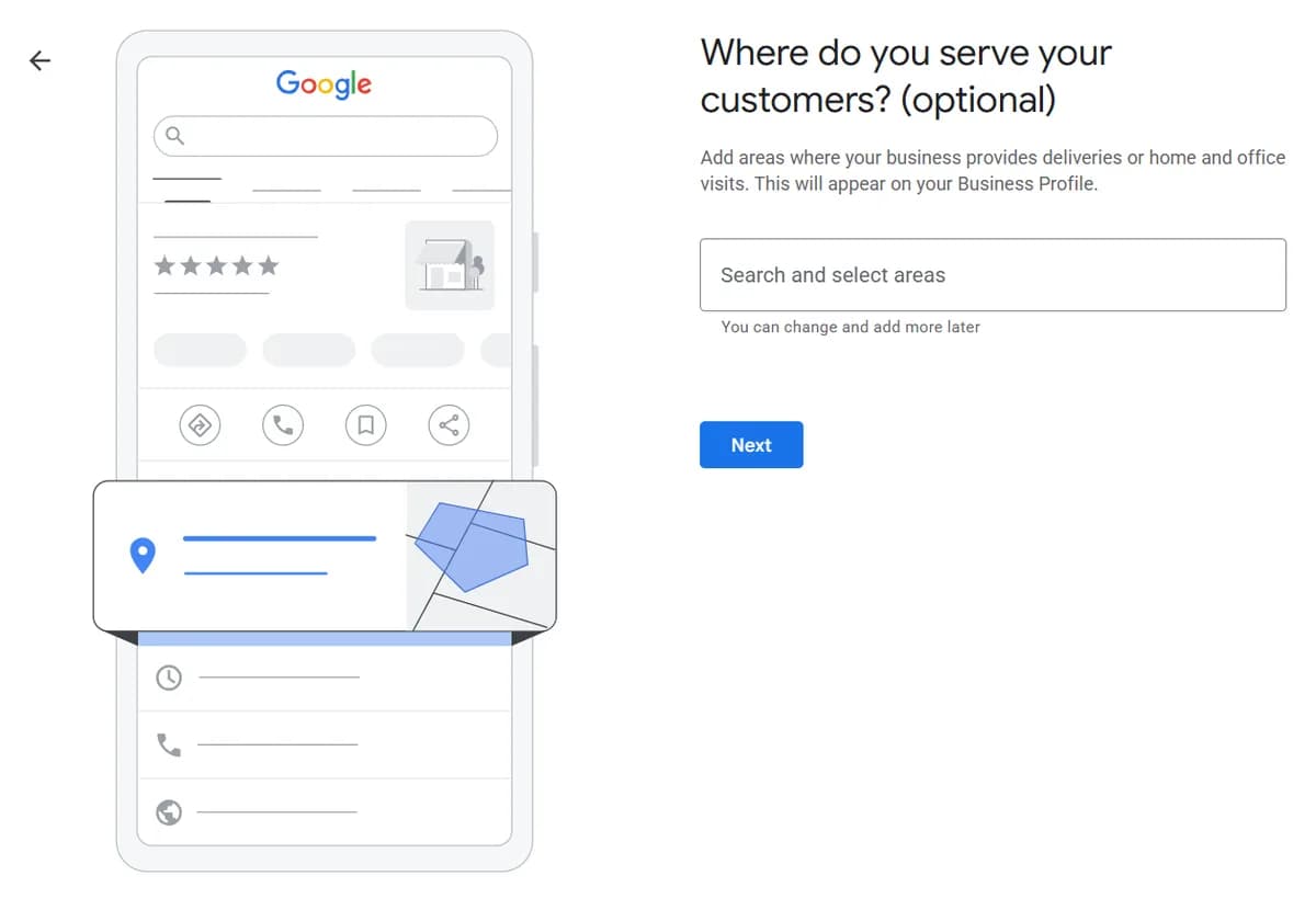Polje Where do you serve your customers za upis gradova i regija u kojima firma pruža usluge
