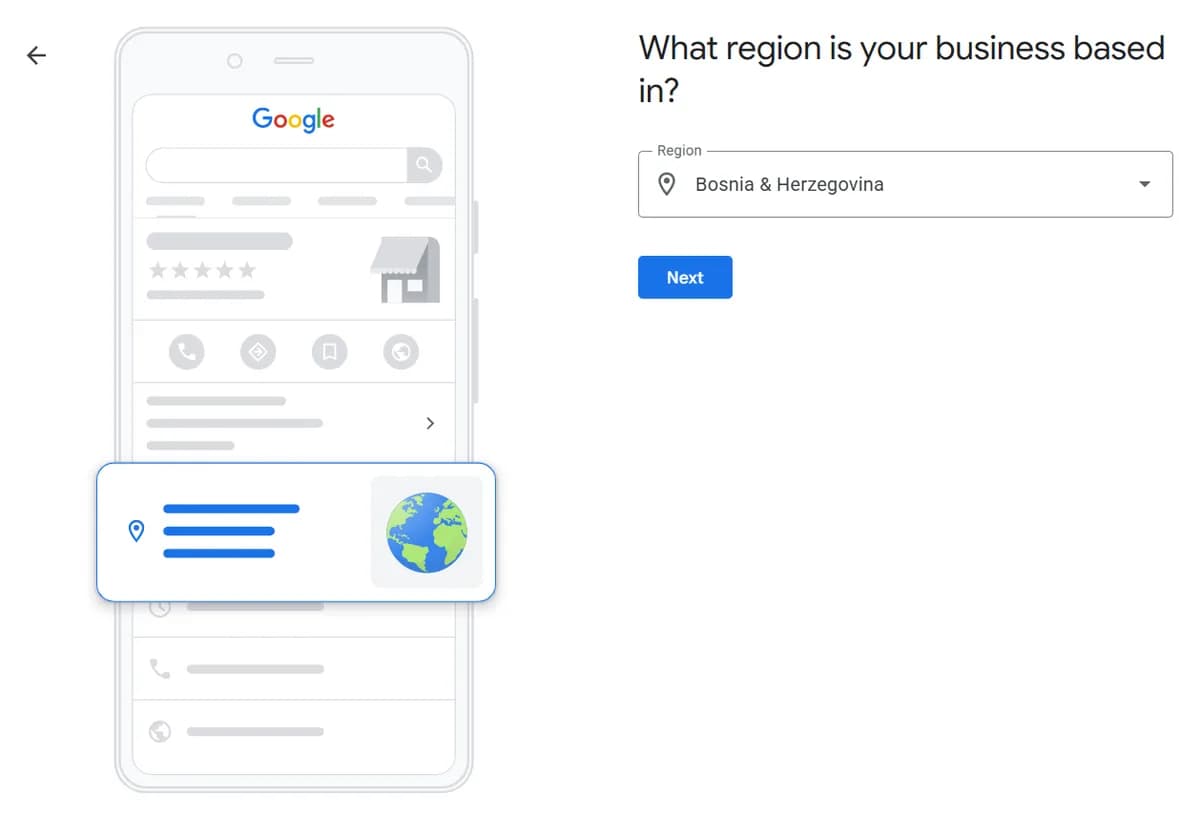 Izbor regije Bosnia and Herzegovina u koraku What region is your business based in