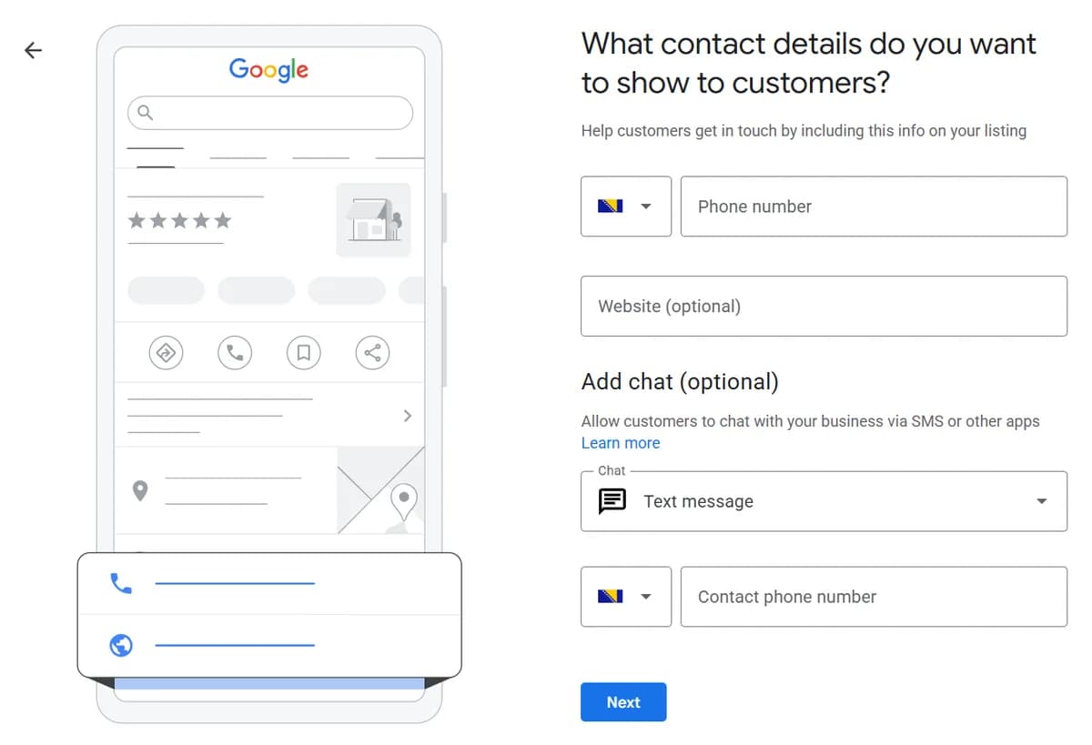 Obrazac za kontakt podatke na Google profilu firme: broj telefona, web stranica i opcioni chat porukama