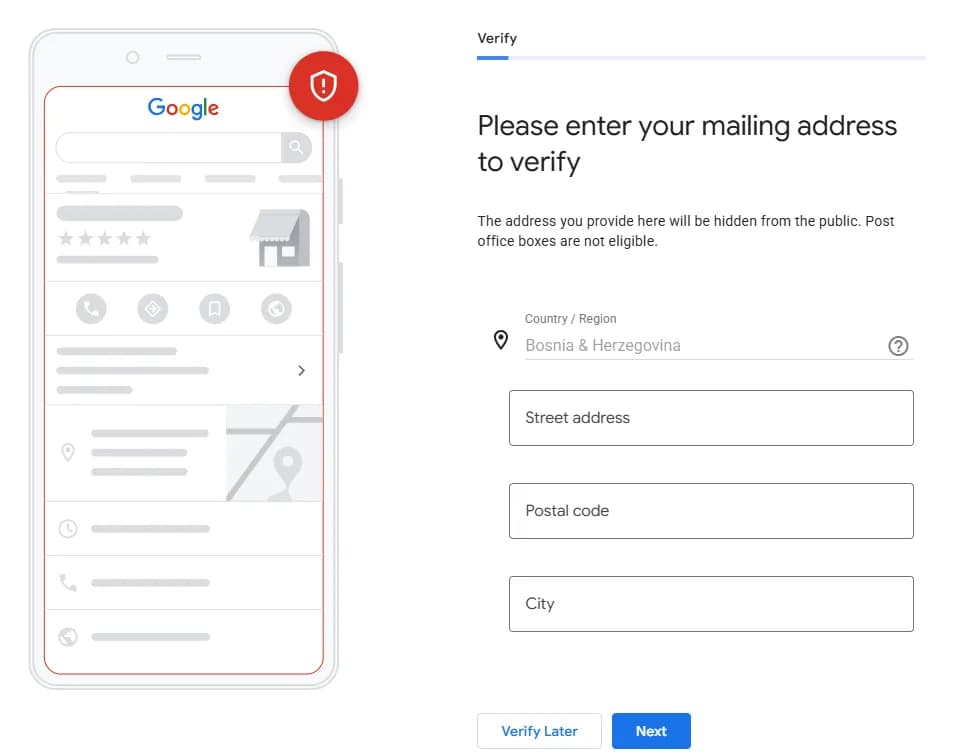 Korak verifikacije Google profila firme: država Bosna i Hercegovina, ulica, poštanski broj i grad