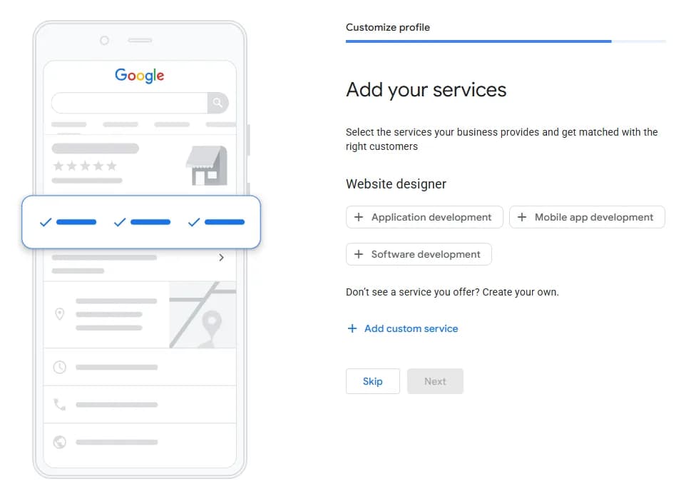 Korak Add your services sa uslugama koje Google predlaže prema kategoriji i opcijom Add custom service