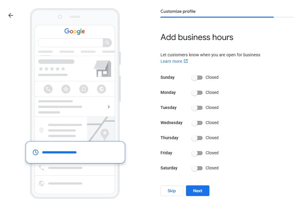Tabela radnog vremena po danima u koraku Add business hours pri otvaranju Google profila firme