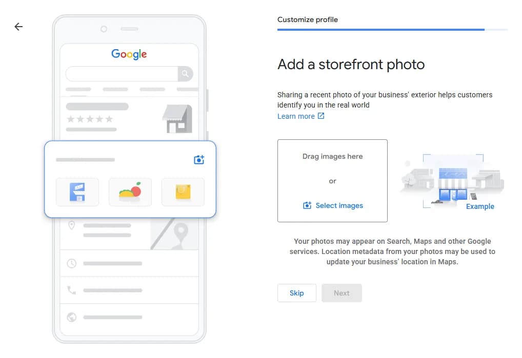 Korak Add a storefront photo za fotografiju ulaza ili izloga firme na Google profilu