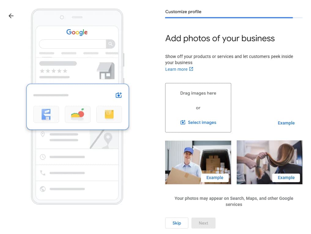 Korak Add photos of your business za fotografije urađenih poslova i prostora firme na Google profilu