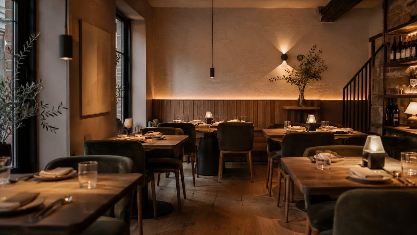 Unutrašnjost restorana sa postavljenim stolovima uveče